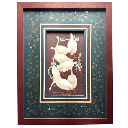 Vintage Folk Art Handpainted Frame and Print Accents Both Signed Marlene Coble