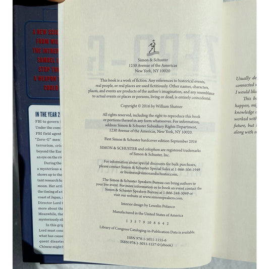 Zero-G by William Shatner - First Edition, First Printing Hardcover - 2016 SciFi