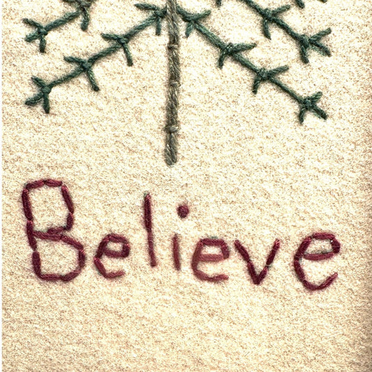 Primitive Wall Art "Believe" Tree Handmade Wool Felt Embroidery Wood Framed