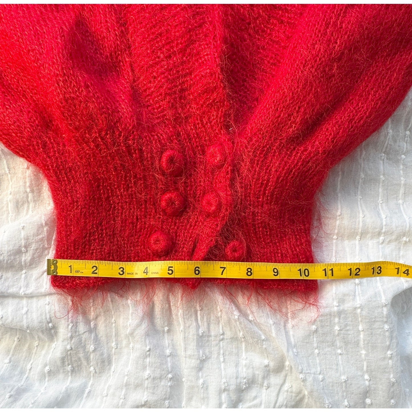 Vintage Red Mohair Wool Hand-Knit Cardigan Sweater Shawl Collar Womens Small Med
