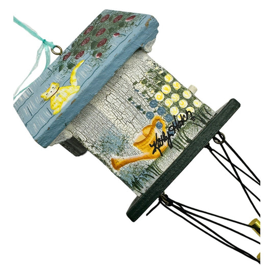 Hand-Painted Miniature 10" Birdhouse Wind Chimes by Kathy Hatch - Cottagecore