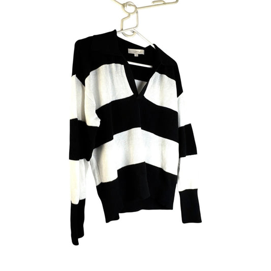 Loft Women’s Sweater L Black White Striped Pullover Long Sleeve Collar
