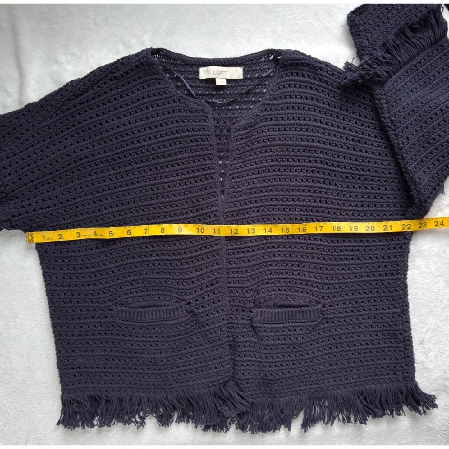 Ann Taylor LOFT Cardigan Sweater Top Womens L Navy Blue Knit Fringe Open Front