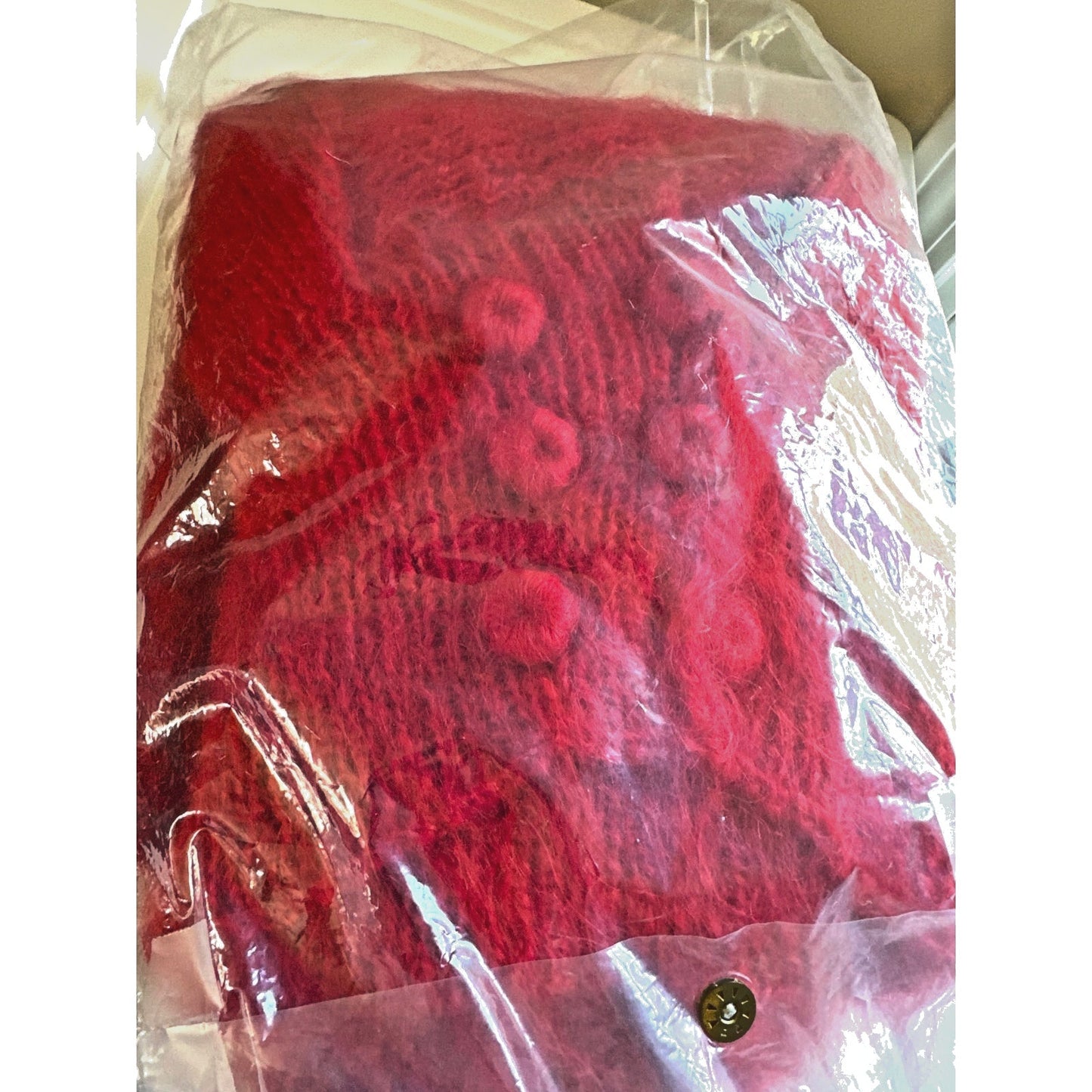 Vintage Red Mohair Wool Hand-Knit Cardigan Sweater Shawl Collar Womens Small Med