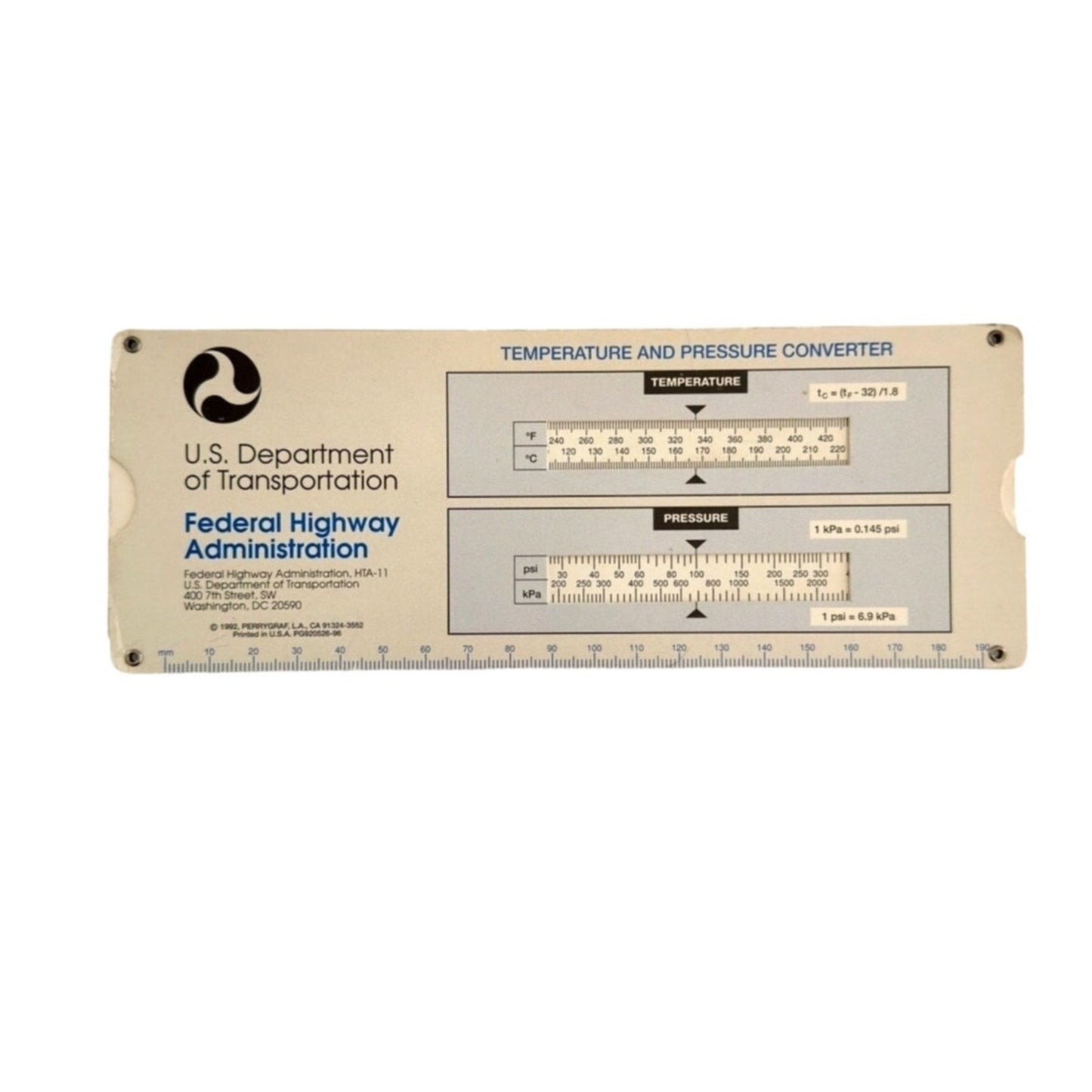 1992 PERRYGRAF FHWA Slide Rule DOT Metric & Pressure Converter Civil Engineering