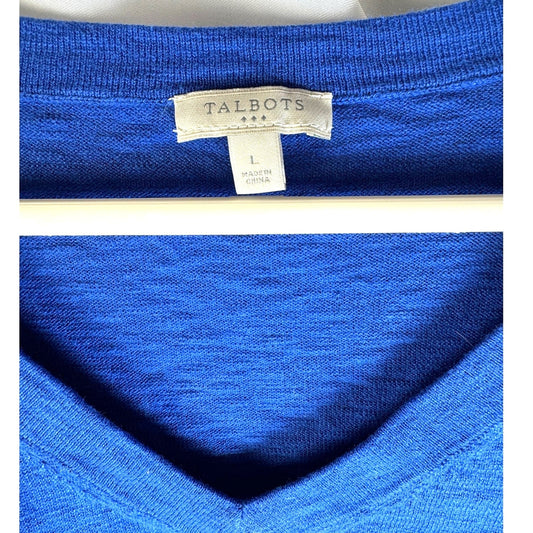 Talbots Blue V-Neck Tunic Top Women’s L 3/4 Sleeve Tassel Hem Boho Chic