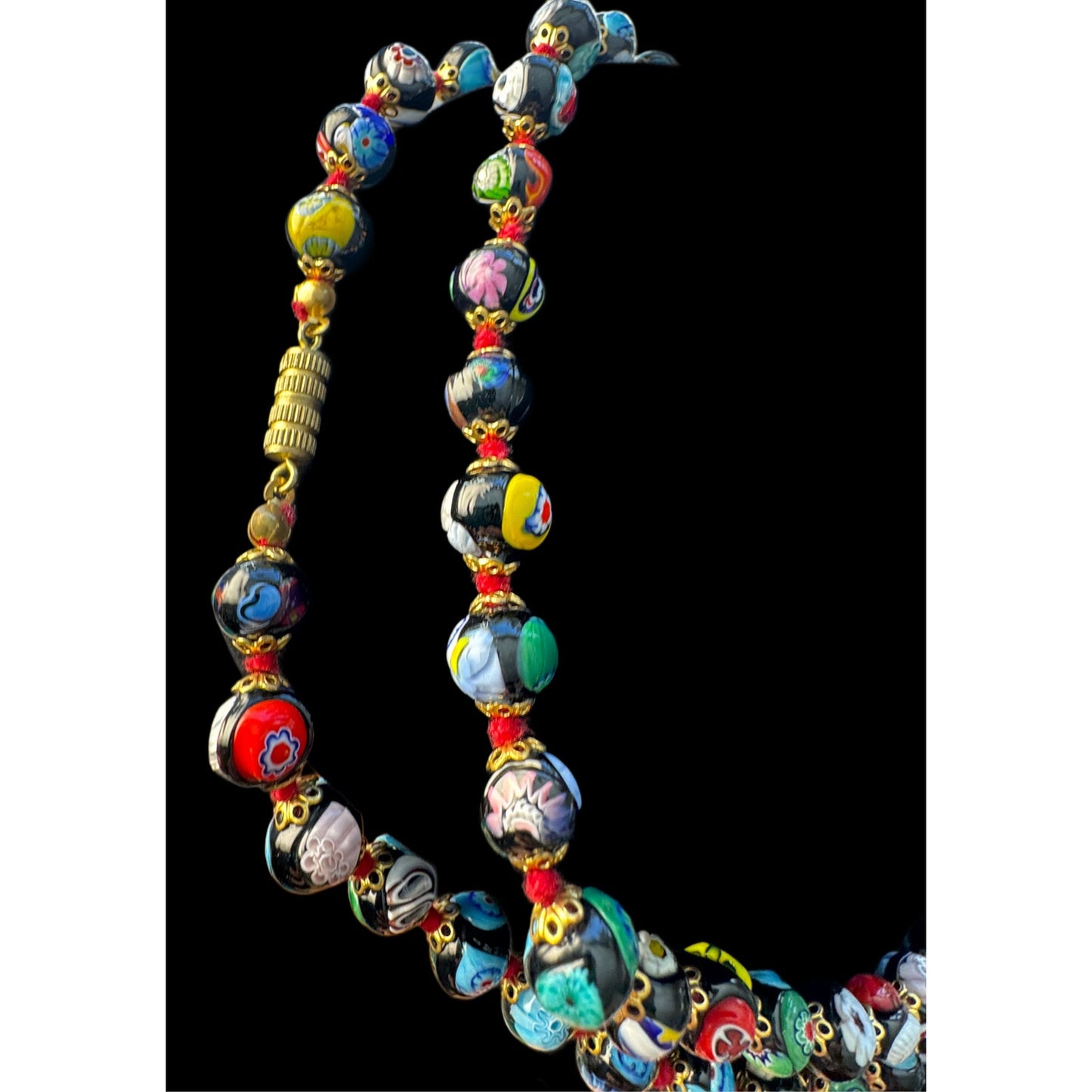 Vintage Murano Moretti Millefiori Glass Bead Necklace 36” Handmade in Italy