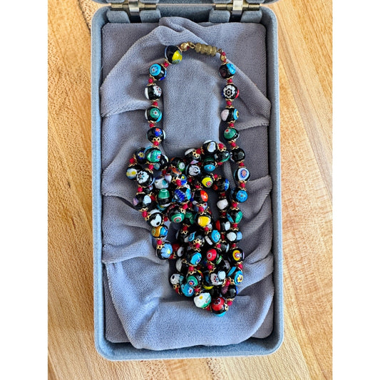 Vintage Venetian Glass Millefiori Bead Necklace 36” Murano Handmade in Italy