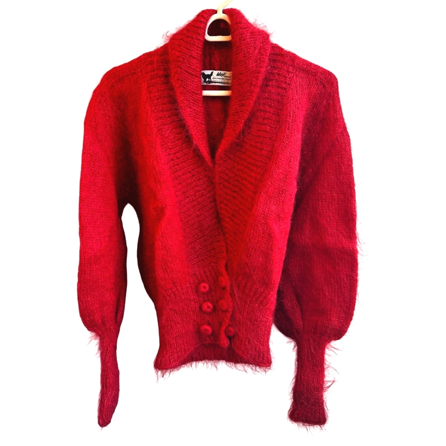 Vintage Red Mohair Wool Hand-Knit Cardigan Sweater Shawl Collar Womens Small Med