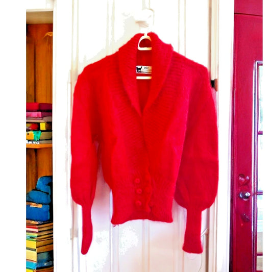 Vintage Red Mohair Wool Hand-Knit Cardigan Sweater Shawl Collar Womens Small Med