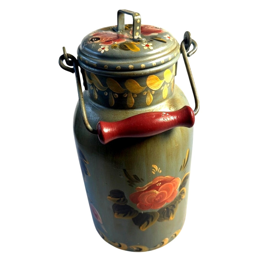 Signed Tole Painted Tin Milk Can w/ Lid Canister Tinware Floral Green 1986 Mies