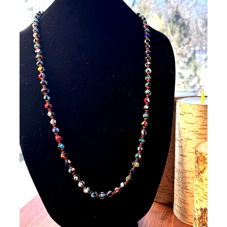 Vintage Murano Moretti Millefiori Glass Bead Necklace 36” Handmade in Italy