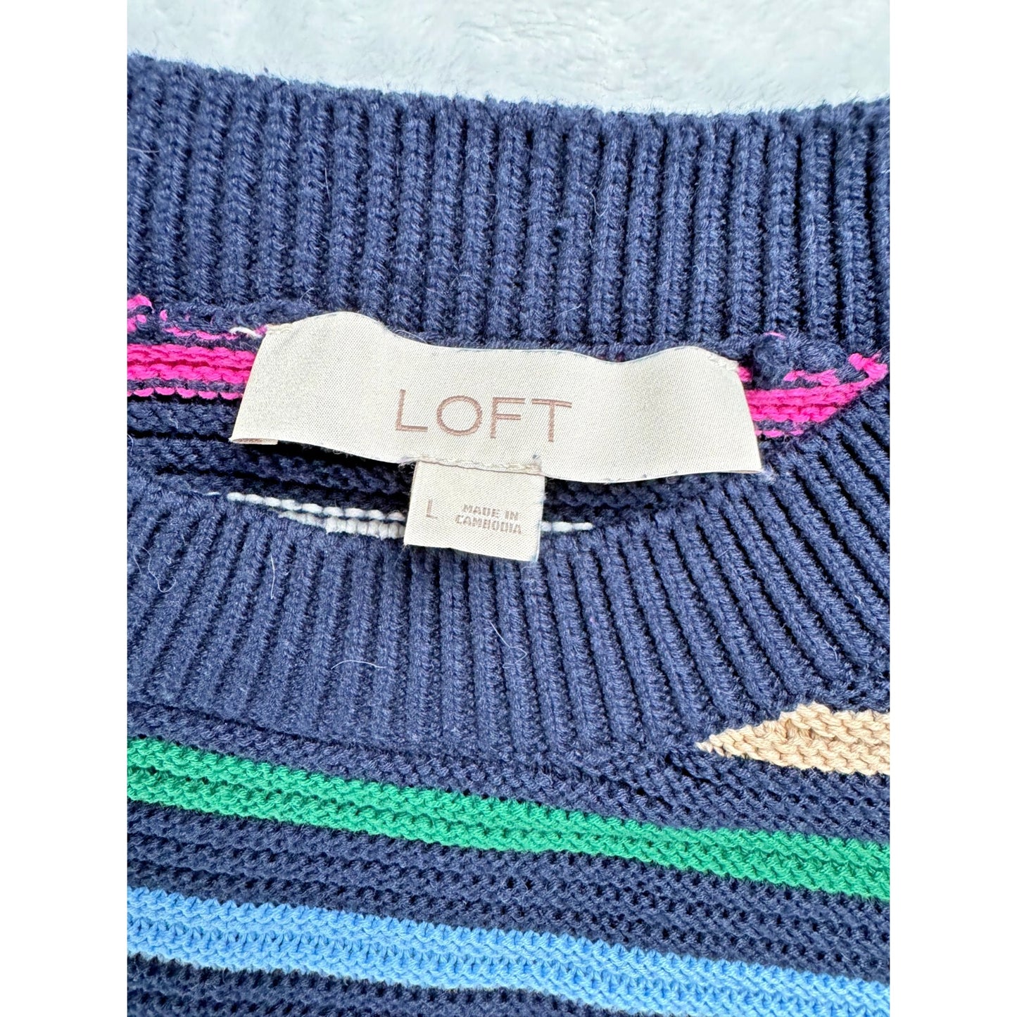Loft Stripe Texture Sweater Womens Large Lightweight 100% Cotton Bright Colors