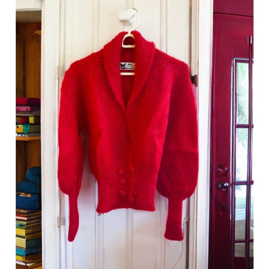 Vintage 1980s Woof Hand-Knitted Red Cardigan Sweater - Mohair and Merino - NWOT