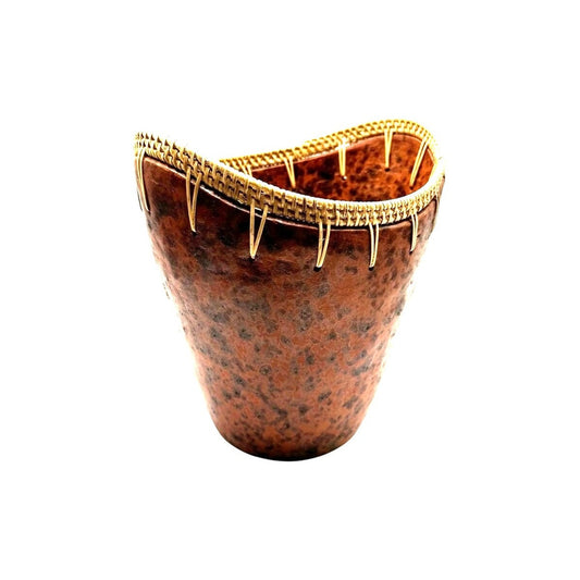 Vintage Brown Pottery Vase 8” Handmade Woven Rim Boho Southwestern Decor