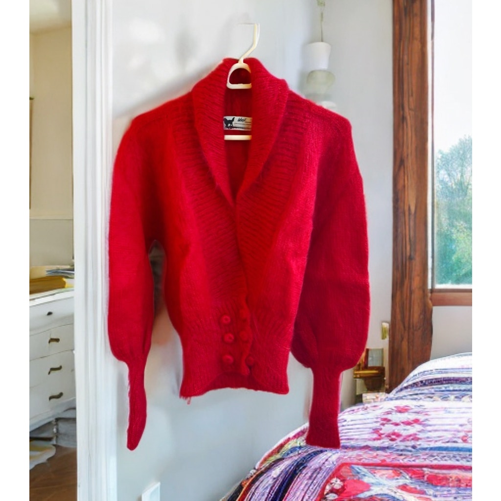 Vintage 1980s Woof Hand-Knitted Red Cardigan Sweater - Mohair and Merino - NWOT