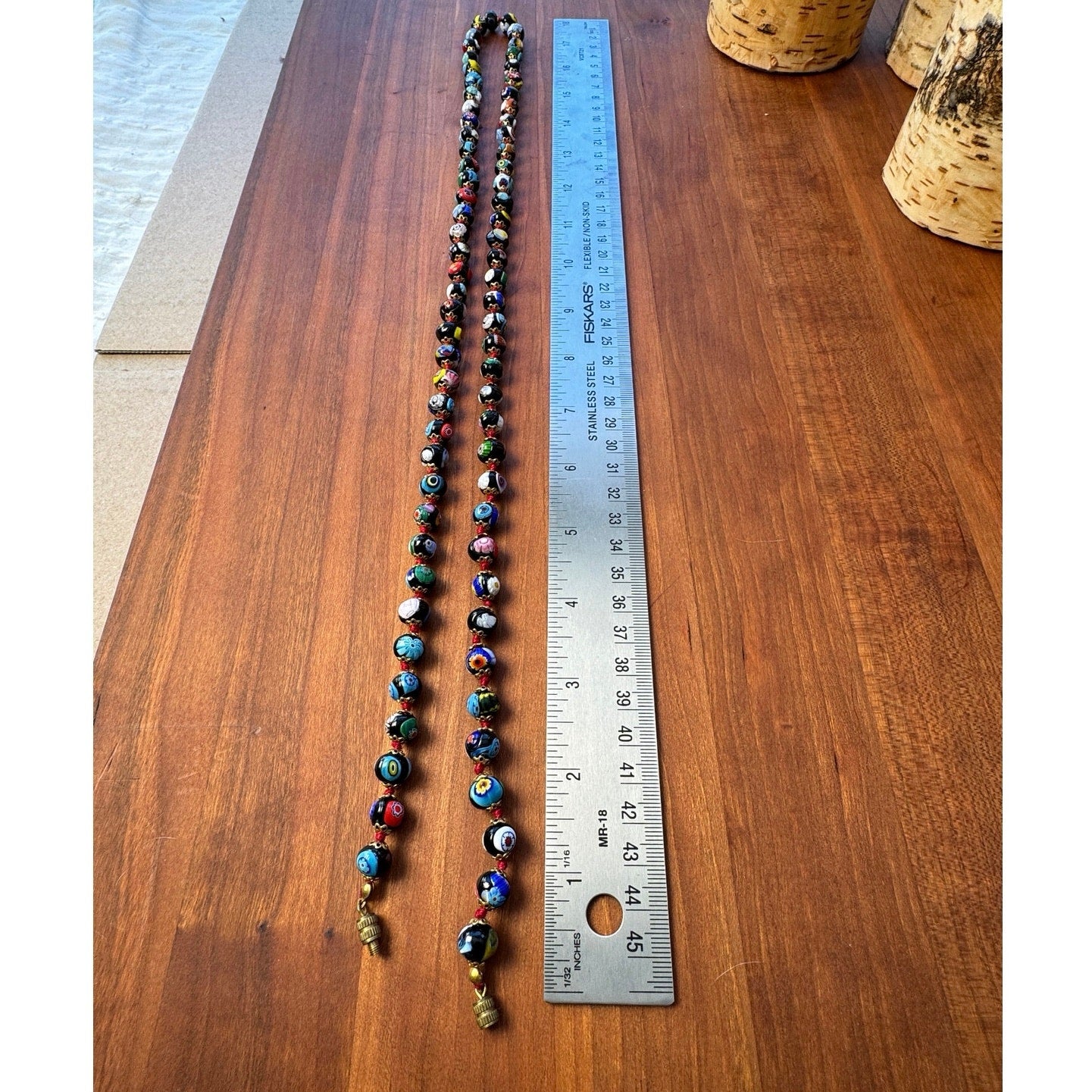 Vintage Murano Moretti Millefiori Glass Bead Necklace 36” Handmade in Italy