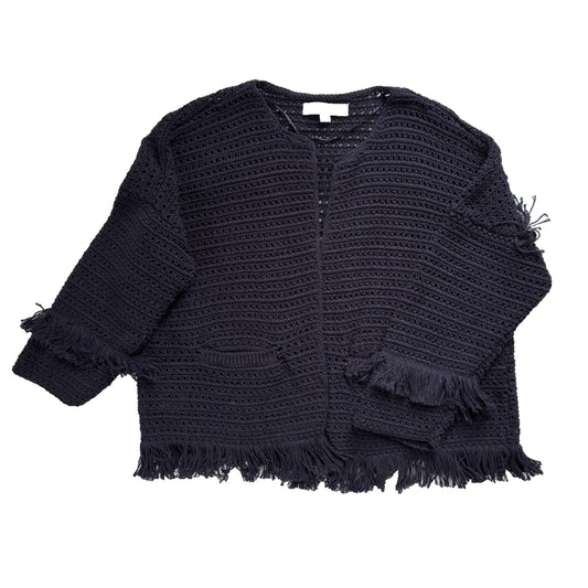 Ann Taylor LOFT Cardigan Sweater Top Womens L Navy Blue Knit Fringe Open Front