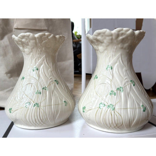 Belleek Shamrock Daisy Matching Set of 2 Vases Blue 8th Mark Irish Art Pottery