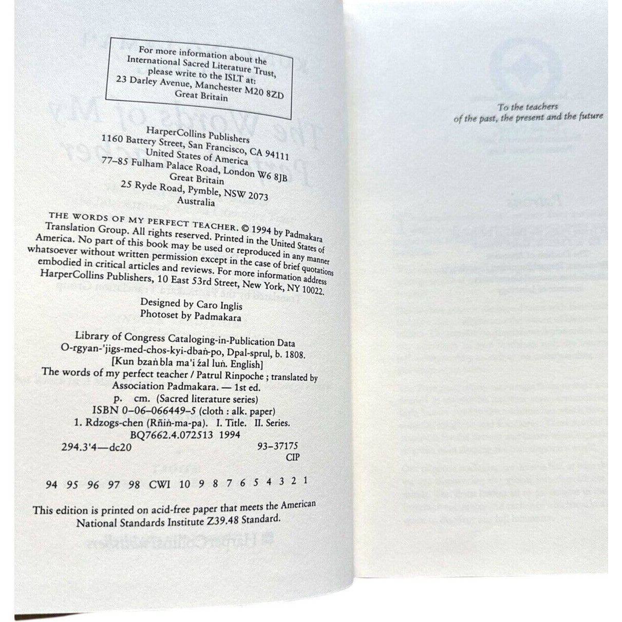 Words of My Perfect Teacher Patrul Rinpoche HCDJ 1st Edition 1st Printing 1994