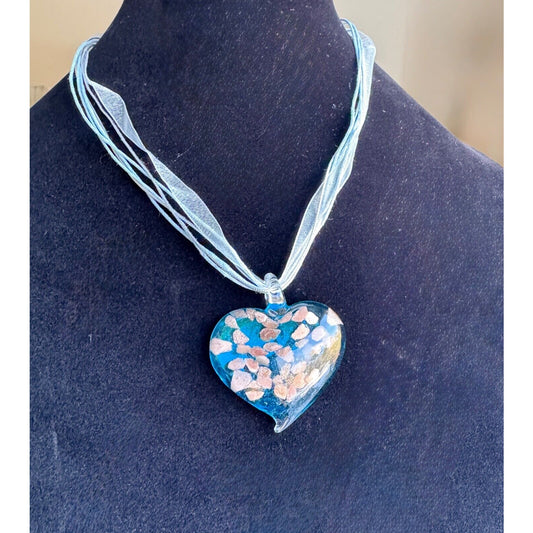 Vintage Venetian Murano Glass Heart Pendant 1.75" Blue with Gold Accents