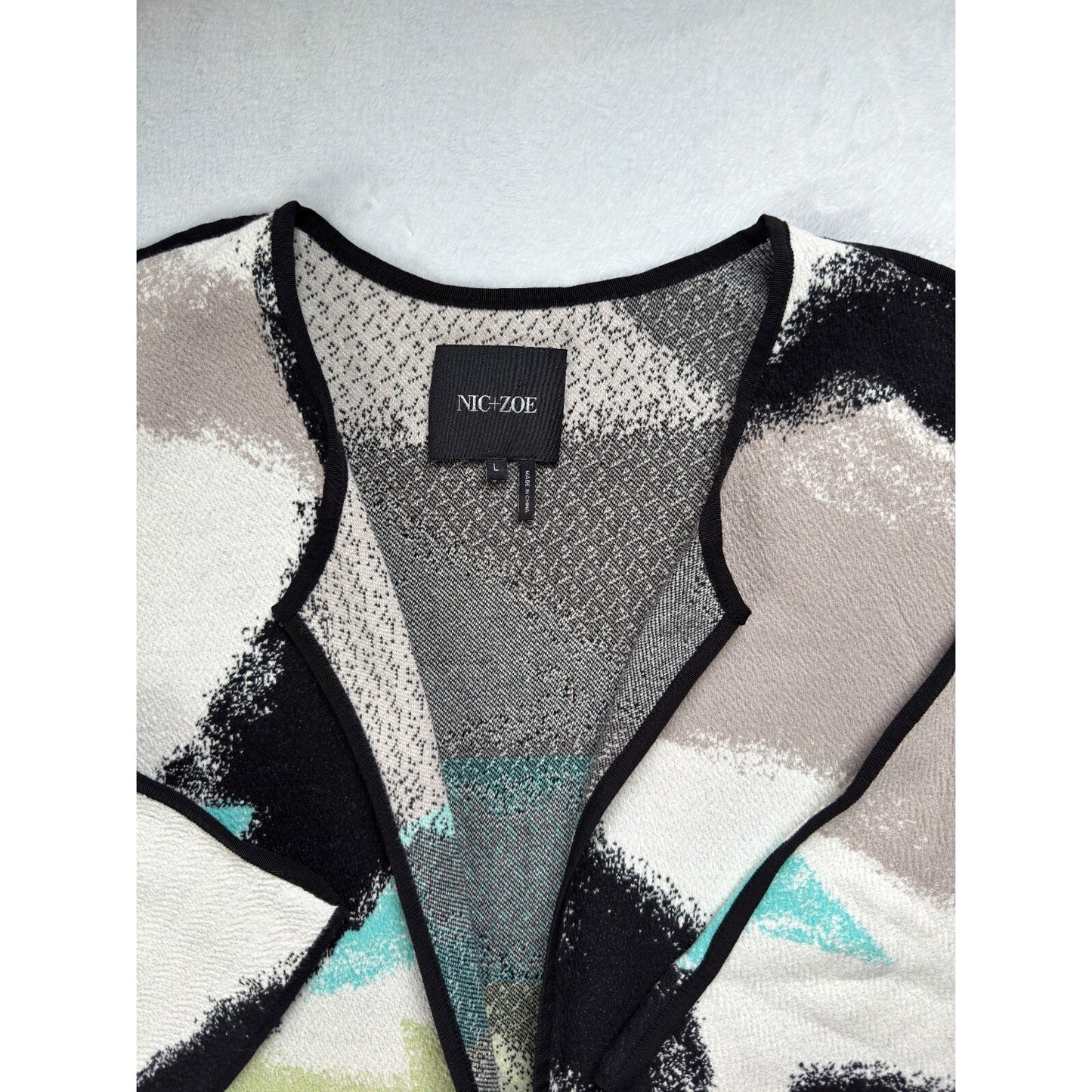 Nic+Zoe Long Open Front Cardigan Womens Size L Arty Black White Green 3/4 Sleeve