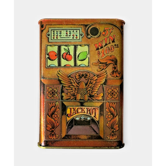 Vintage Tin Piggy Bank Hallmark Cards Card Slot Machine Candy Tin 225EBC11-8