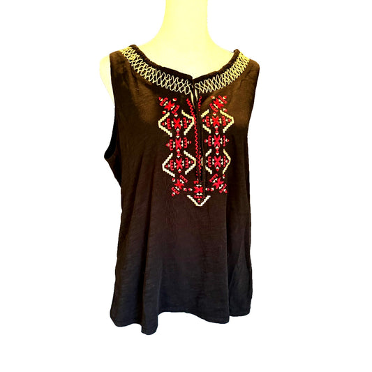 J Jill Boho Tank Top Black Embroidered Smocked Neckline Keyhole Size L Stretch