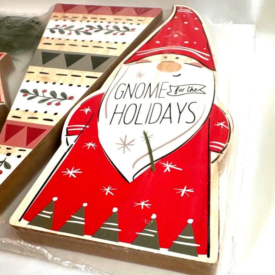 Christmas Gnome Wooden Shelf Decoration 5 Piece Set - 'Gnome for the Holidays'
