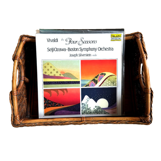 Vintage Mid Century Modern Boho Bamboo Wicker Rattan Tray Basket Footed Handles