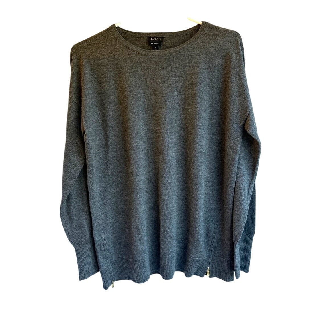 Talbots Women’s Grey Sweater – Size L Soft Knit with Side Hem Zippers