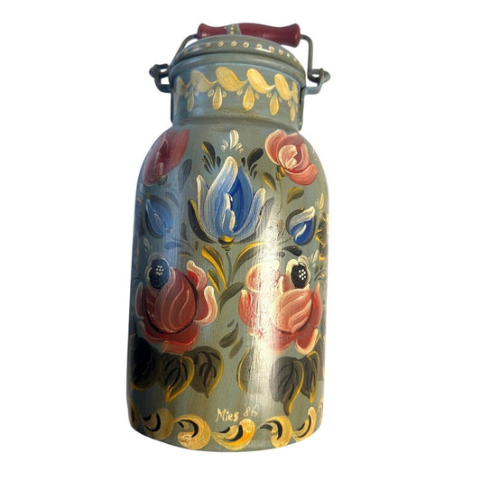 Signed Tole Hand Painted Milk Can w/ Lid Canister Floral Green 1986 Mies