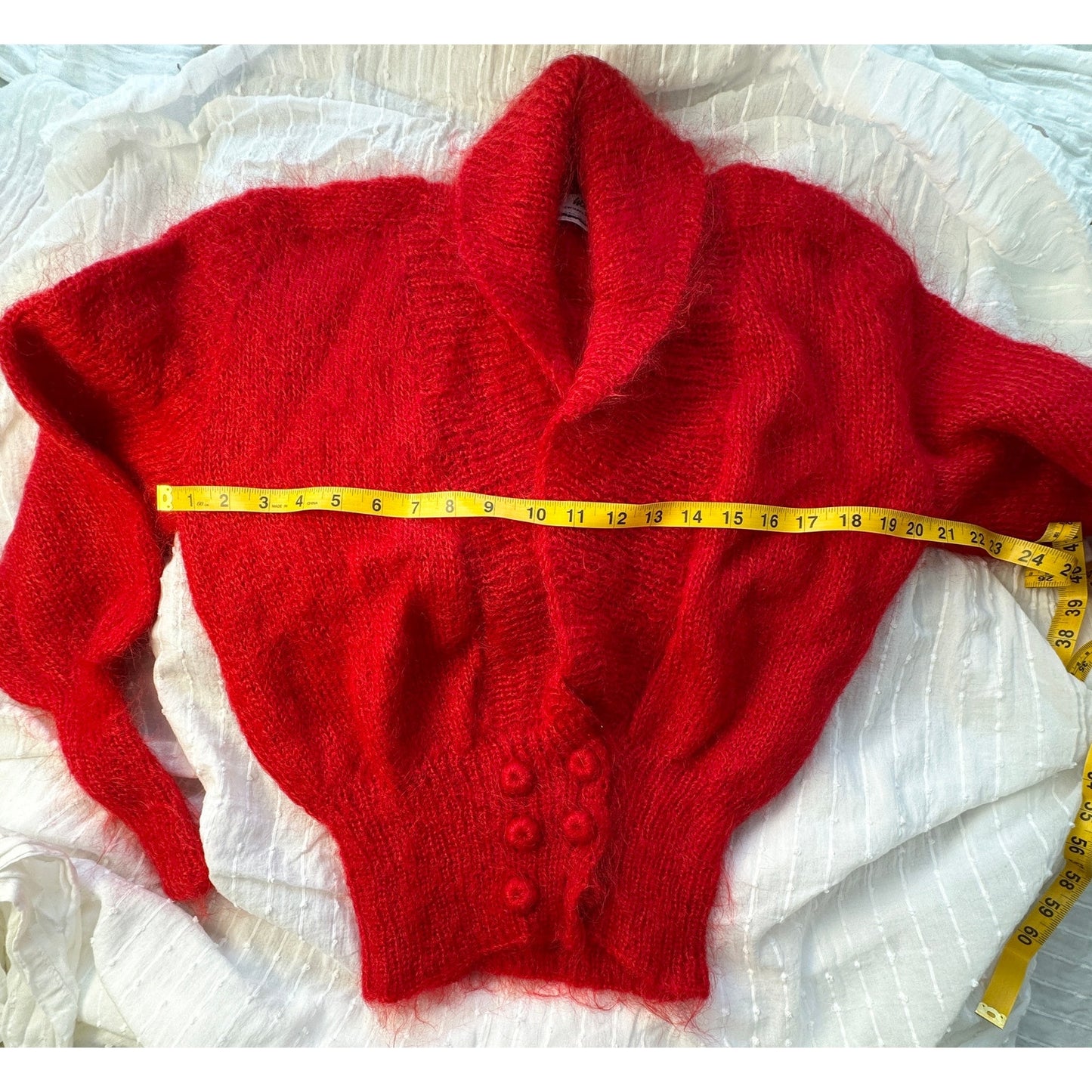 Vintage Red Mohair Wool Hand-Knit Cardigan Sweater Shawl Collar Womens Small Med
