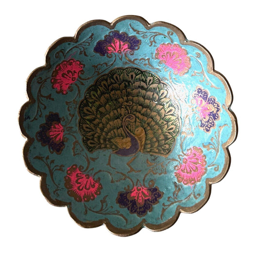 Vintage Brass Peacock Bowl - Cloisonné Enamel w Scalloped Edge - Made In India
