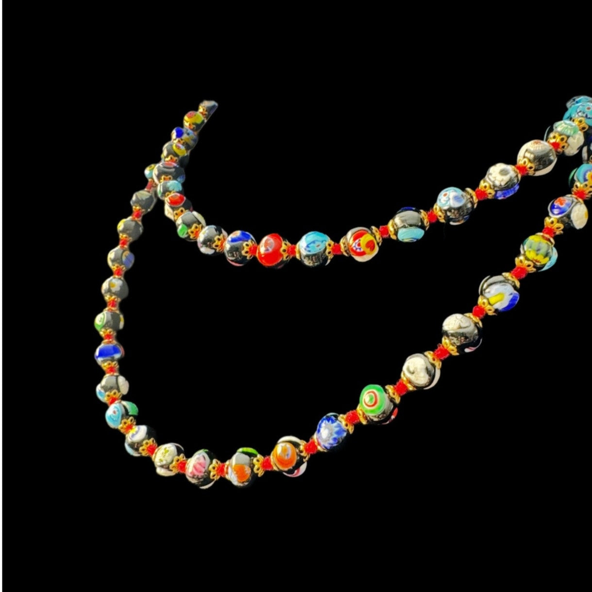 Vintage Murano Moretti Millefiori Glass Bead Necklace 36” Handmade in Italy
