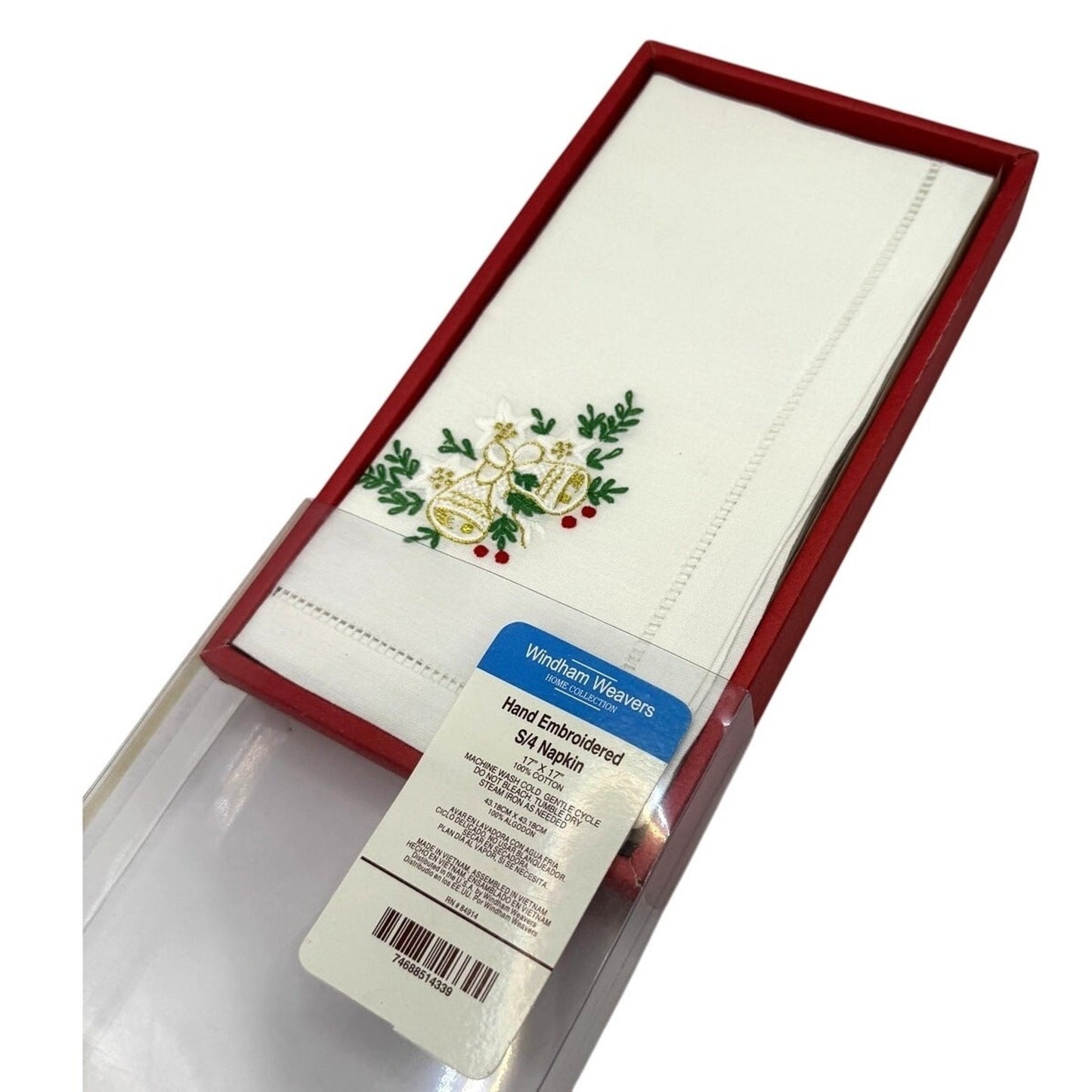 Vintage Windham Weavers Hand Embroidered Napkins - Set of 4 Bells and Holly