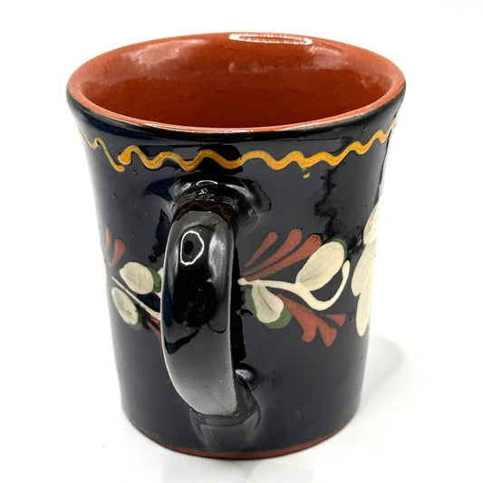 Vintage Hungarian Redware Mug with Black Glaze and Folk Style Floral Design