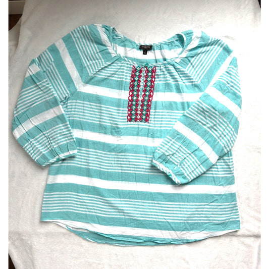 Talbots Tunic Top 100% Cotton Womens Size X Aqua White Stripe Beaded Summer UC