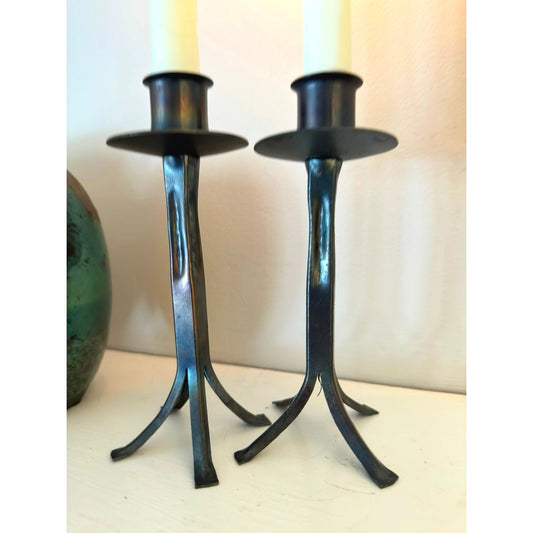 Bronze Candlesticks Claw Footed w Dark Iridescent Patina in Primitive Style