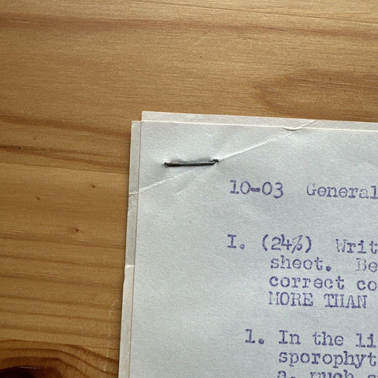 Vintage 1961 Biology Exam Unused Typed Mimeograph from Northeastern University