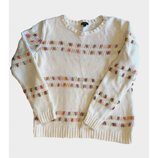 Talbots Space Dye Stripe Ivory Cotton Blend Crew Neck Sweater Size Large Petite