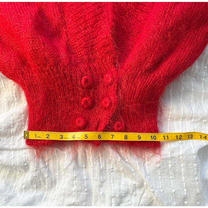 Vintage Red Mohair Wool Hand-Knit Cardigan Sweater Shawl Collar Womens Small Med
