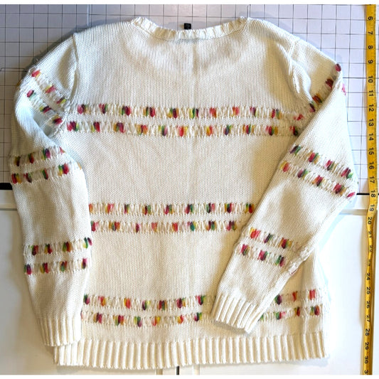 Talbots Space Dye Stripe Ivory Cotton Blend Crew Neck Sweater Size Large Petite