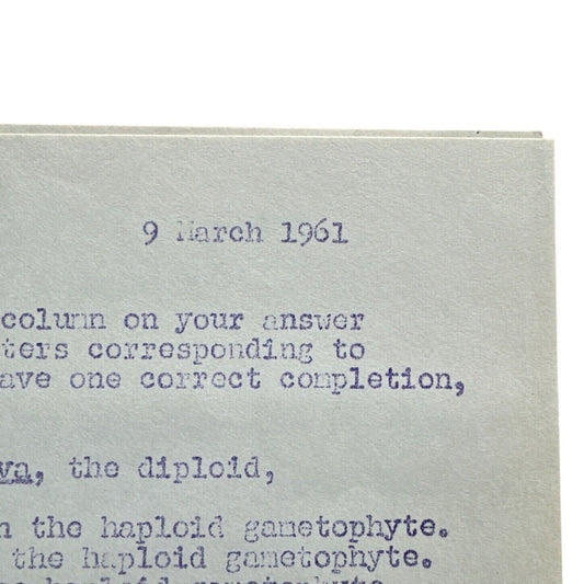 Vintage 1961 Biology Exam - Unused Typed Mimeograph