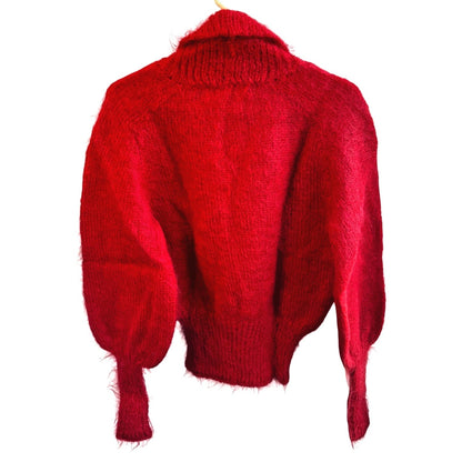 Vintage Red Mohair Wool Hand-Knit Cardigan Sweater Shawl Collar Womens Small Med