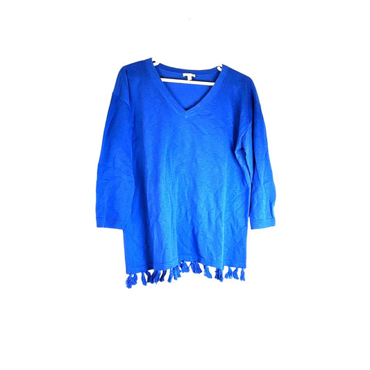 Talbots Blue V-Neck Tunic Top Women’s L 3/4 Sleeve Tassel Hem Boho Chic
