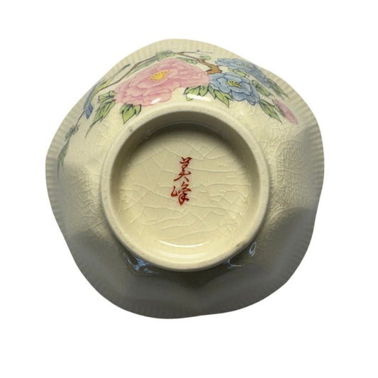 Vintage Crackle Glaze Lotus Bowl Handpainted Gilded Japanese Porcelain 4"