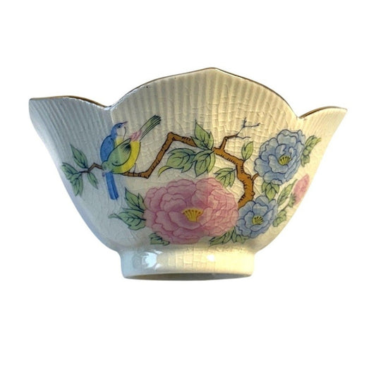 Vintage Crackle Glaze Lotus Bowl Handpainted Gilded Japanese Porcelain 4"