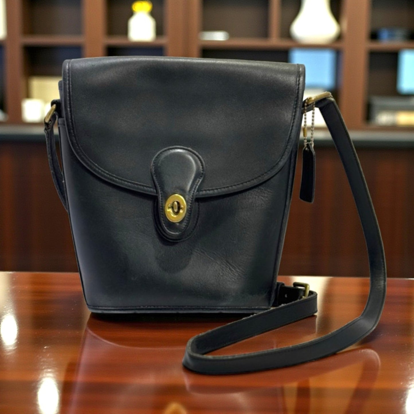 Vintage Coach Bradley Bucket Bag with Brass Turnlock Black Leather Crossbody