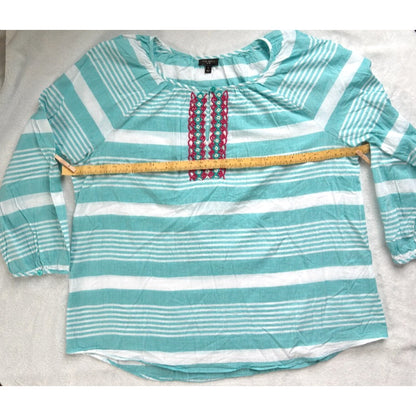 Talbots Tunic Top 100% Cotton Womens Size X Aqua White Stripe Beaded Summer UC